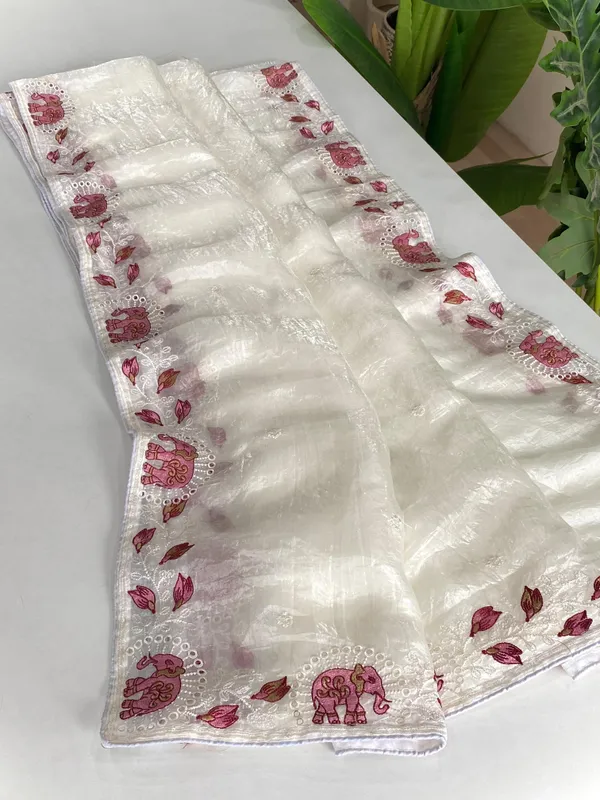 White_Organza_Saree_with_Pink_Elephant_Embroidery_and_Sequin_Border