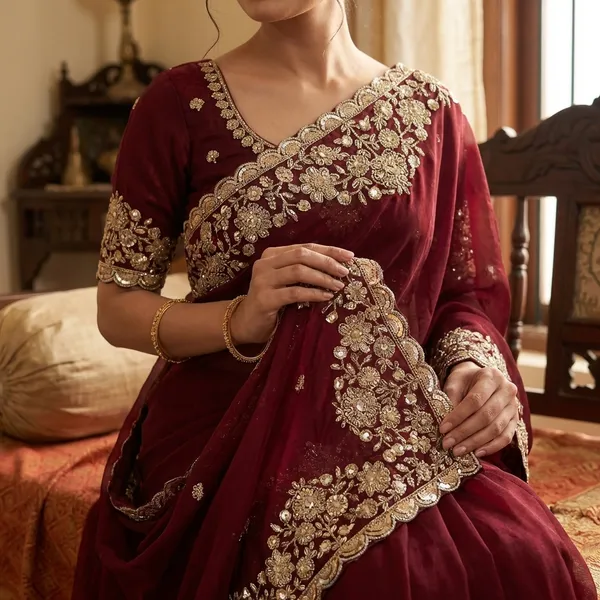 Luxurious_Maroon_Velvet_Saree_with_Golden_Embroidered_Border