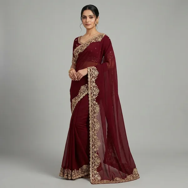 Luxurious_Maroon_Velvet_Saree_with_Golden_Embroidered_Border