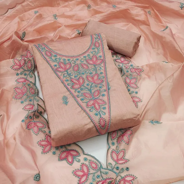 Peach_Embroidered_Unstitched_Suit_Set_with_Floral_Thread_Work