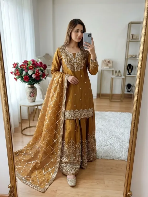 Women's_Embroidered_Fendy_Silk_Sharara_Suit_Set_-_Mustard_Gold_(3-Piece:_Kurta,_Palazzo_&_Dupatta)