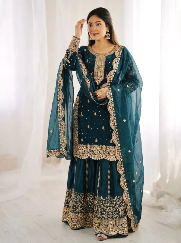 Teal_Embroidered_Sharara_Suit_Set_with_Dupatta_-_Pakistani/Indian_Ethnic_Wear