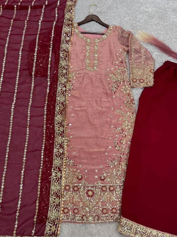 Pink_Embellished_Pakistani_Suit_Set_with_Maroon_Dupatta