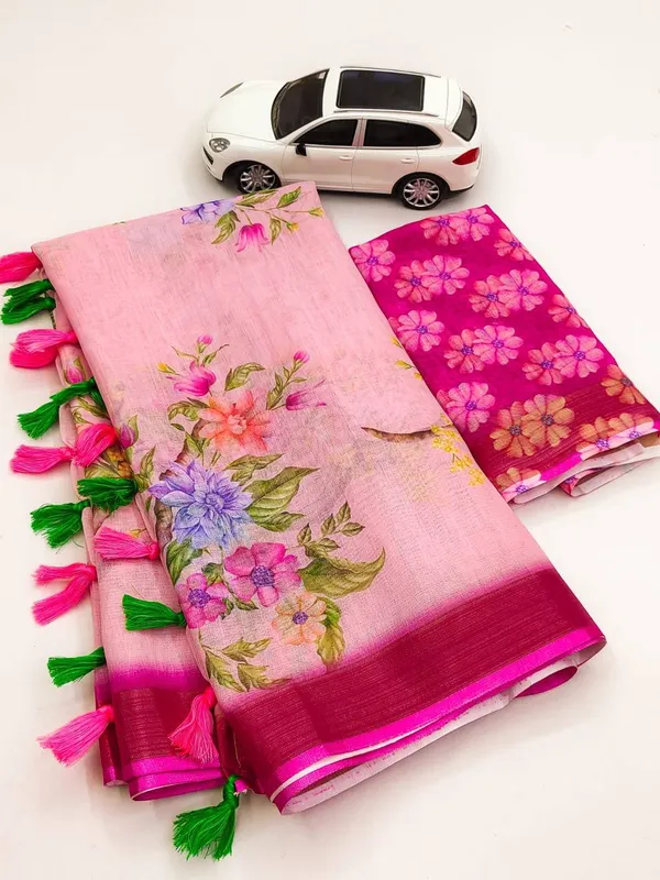 Pink_Linen_Saree_with_Floral_Embroidery_and_Tassels