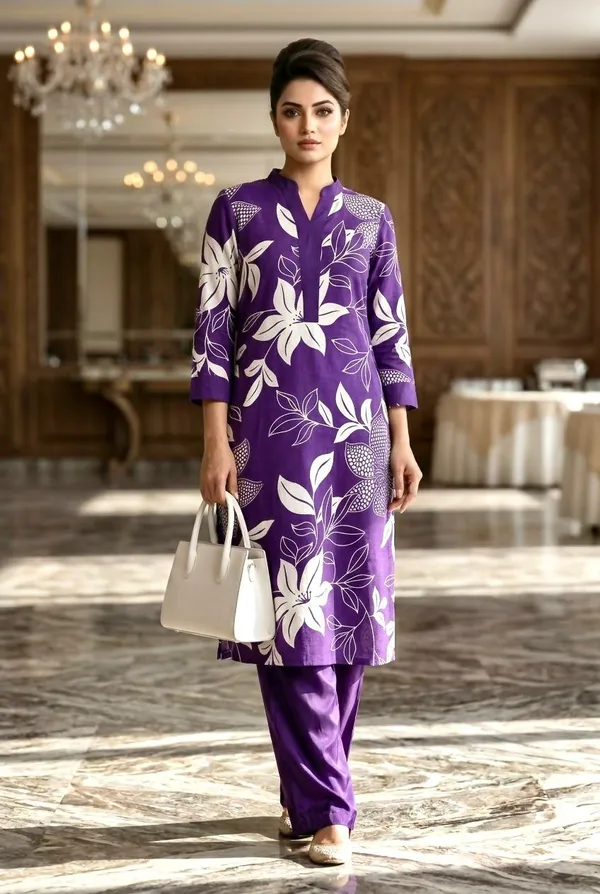 Purple_Floral_Print_Kurta_Set_with_Matching_Pants