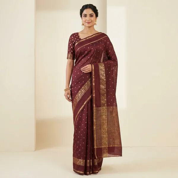 Elegant_Maroon_Chanderi_Silk_Saree_with_Golden_Zari_Border_and_Buti_Work