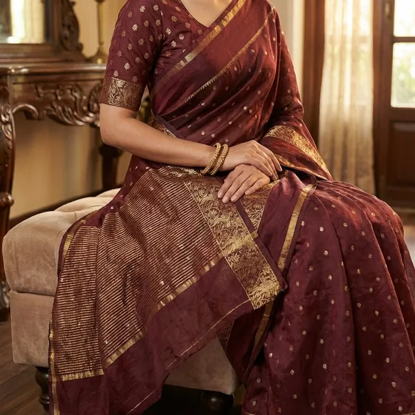 Elegant_Maroon_Chanderi_Silk_Saree_with_Golden_Zari_Border_and_Buti_Work