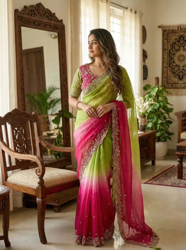 Elegant_Shaded_Green_and_Pink_Saree_with_Embellished_Border