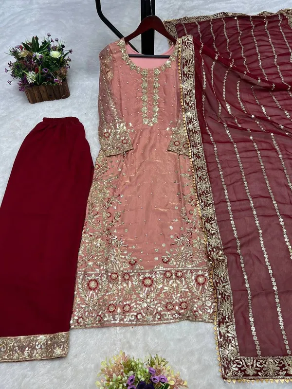Pink_Embellished_Pakistani_Suit_Set_with_Maroon_Dupatta