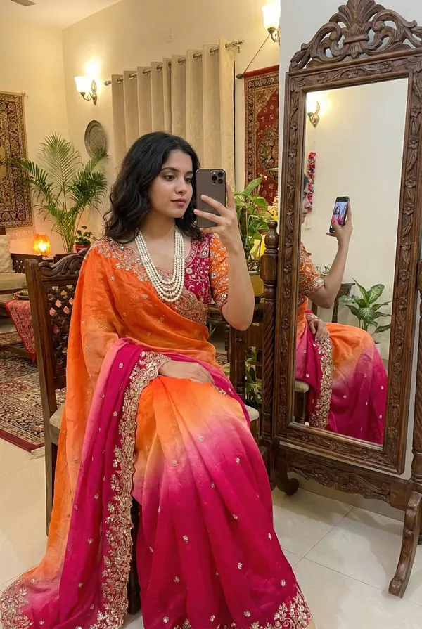 Orange_and_Pink_Ombre_Embellished_Saree_with_Pearl_Jewellery