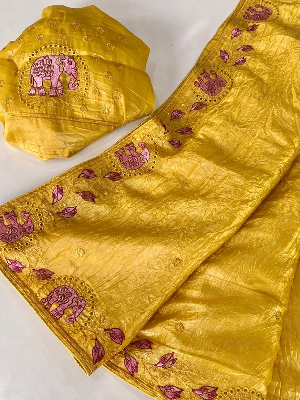 Golden_Yellow_Silk_Saree_with_Pink_Elephant_Embroidery_and_Sequin_Work