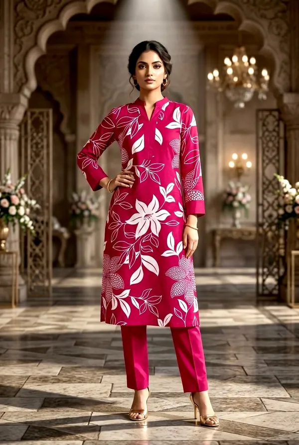 Magenta_Floral_Print_Kurti_with_Matching_Pants_Set