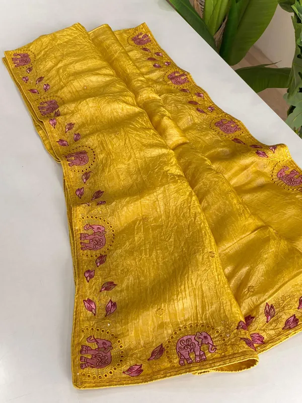 Golden_Yellow_Silk_Saree_with_Pink_Elephant_Embroidery_and_Sequin_Work