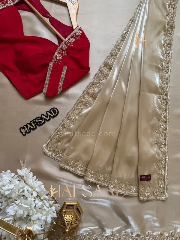 Red_Embellished_Blouse_with_Champagne_Gold_Embroidered_Silk_Saree_-_Hafsaad_Bridal_Collection