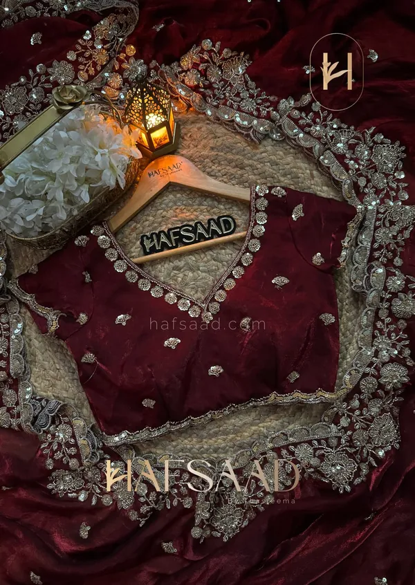 Hafsaad_Luxurious_Maroon_Velvet_Saree_with_Silver_Embroidered_Border_and_Sequin_Work