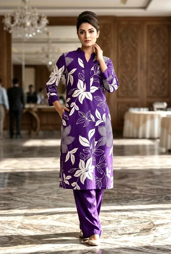 Purple_Floral_Print_Kurta_Set_with_Matching_Pants