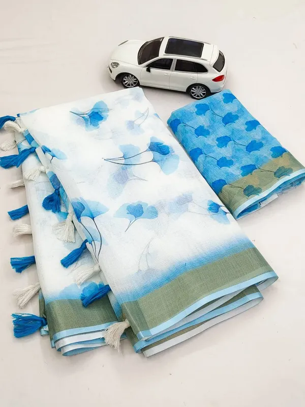 Blue_Floral_Print_Linen_Saree_with_Contrast_Border_and_Tassels