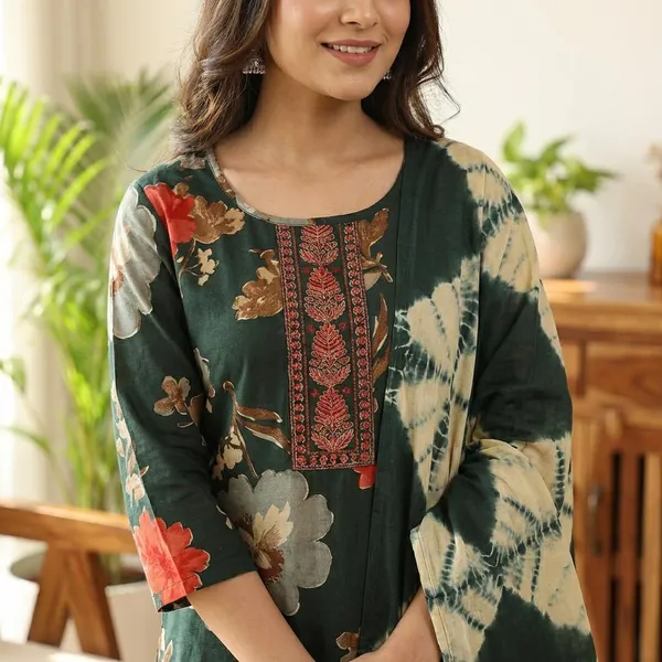 Dark_Green_Floral_Print_Kurti_with_Embroidered_Neckline