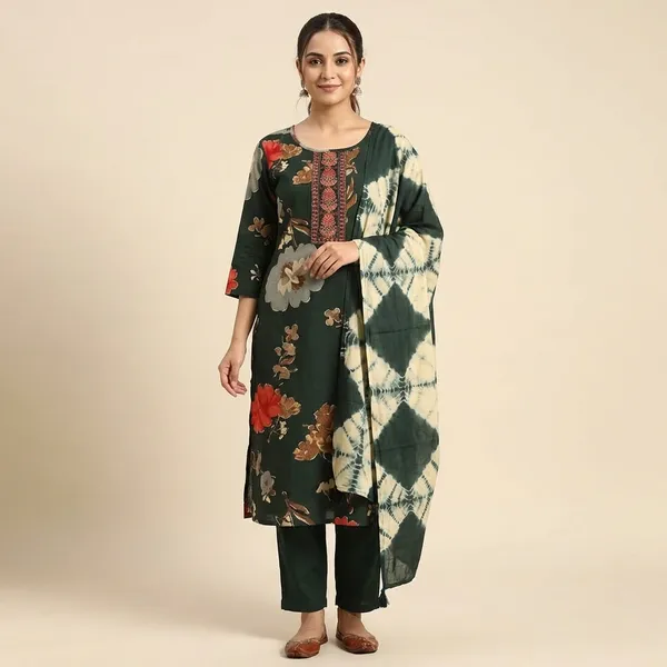 Dark_Green_Floral_Print_Kurti_with_Embroidered_Neckline