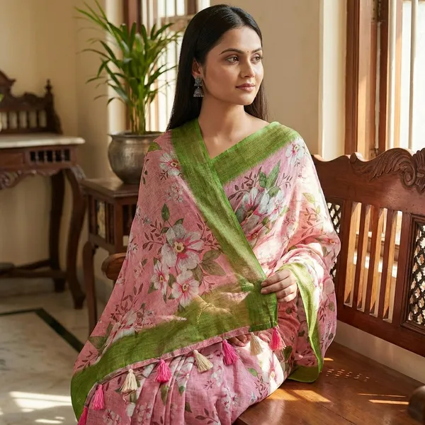 Pink_Floral_Printed_Linen_Saree_with_Green_Border_and_Tassel_Details