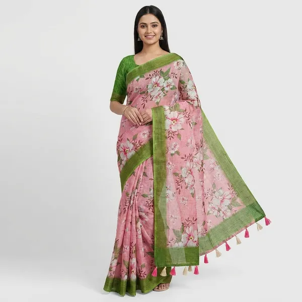 Pink_Floral_Printed_Linen_Saree_with_Green_Border_and_Tassel_Details