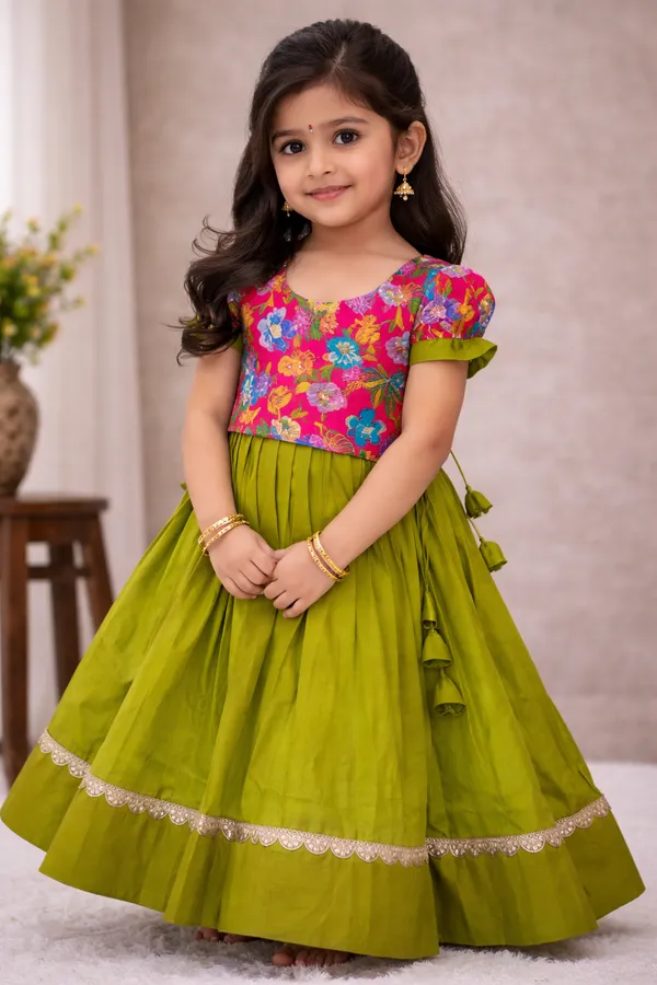 Parrot_Green_Lehenga_Choli_with_Floral_Embroidered_Blouse_for_Girls