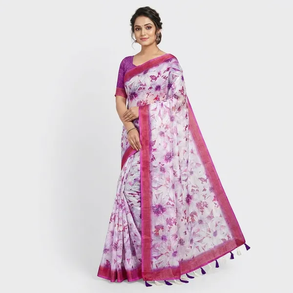Elegant_Purple_Floral_Print_Linen_Saree_with_Contrast_Border