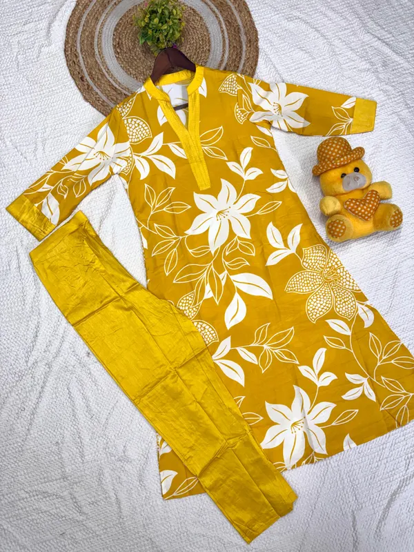 Mustard_Yellow_Floral_Print_Kurta_Set_with_Solid_Pants