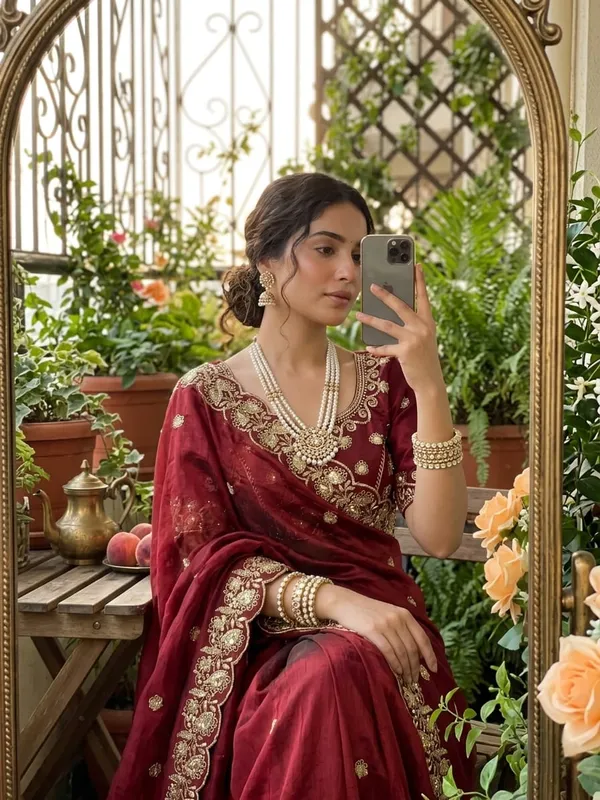 Maroon_Embroidered_Saree_with_Golden_Zari_Work_and_Blouse_Piece