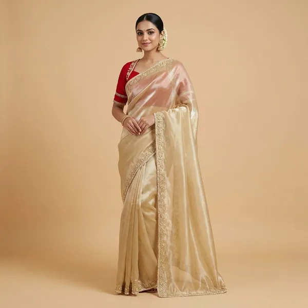 Red_Embellished_Blouse_with_Champagne_Gold_Embroidered_Silk_Saree_-_Hafsaad_Bridal_Collection