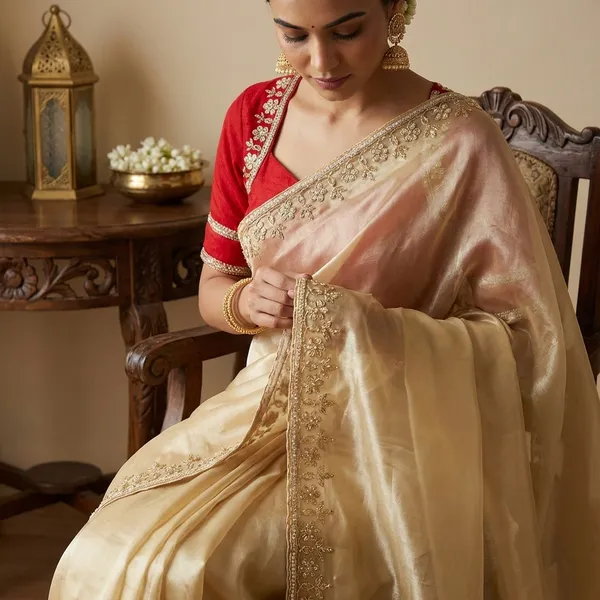 Red_Embellished_Blouse_with_Champagne_Gold_Embroidered_Silk_Saree_-_Hafsaad_Bridal_Collection