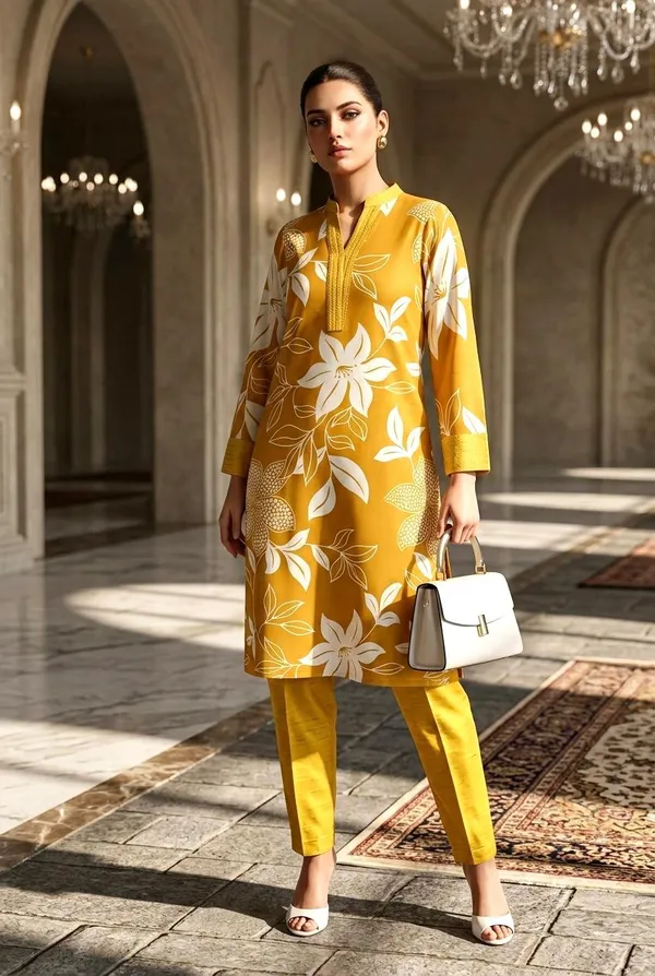 Mustard_Yellow_Floral_Print_Kurta_Set_with_Solid_Pants