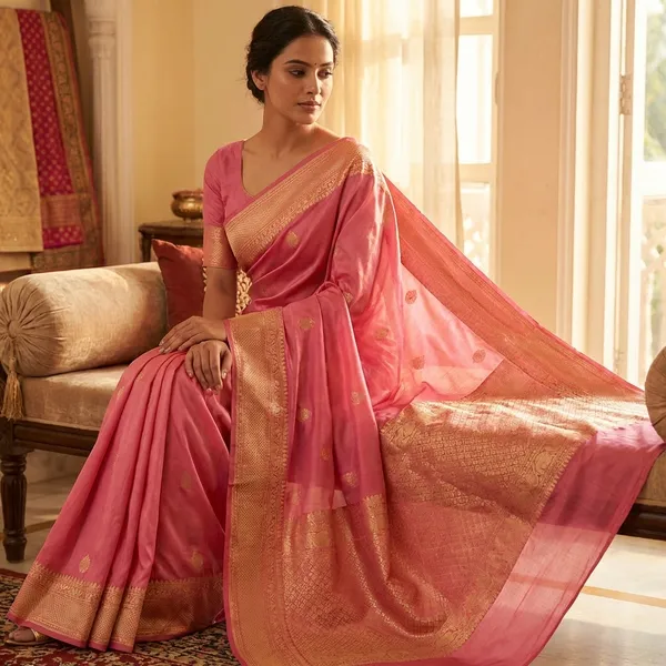 Rani_Pink_Banarasi_Silk_Saree_with_Golden_Zari_Border