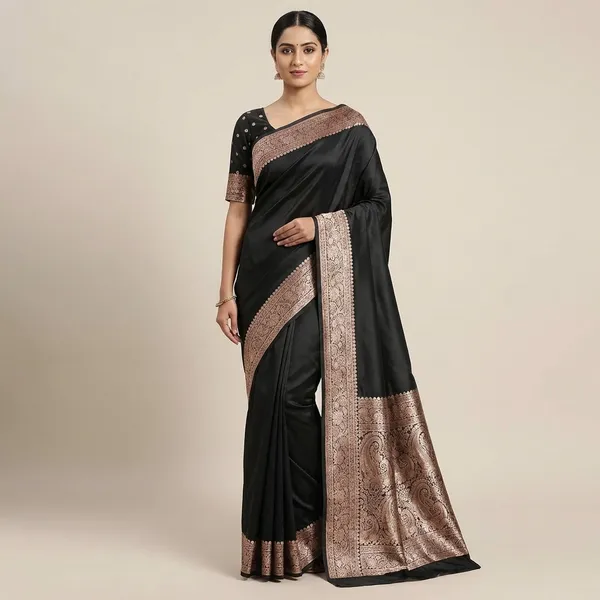 Black_Banarasi_Silk_Saree_with_Golden_Floral_Border_and_Embroidered_Blouse