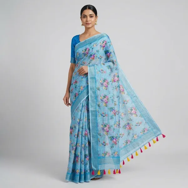 Light_Blue_Floral_Printed_Cotton_Linen_Saree_with_Blue_Border_and_Colorful_Tassel_Pallu