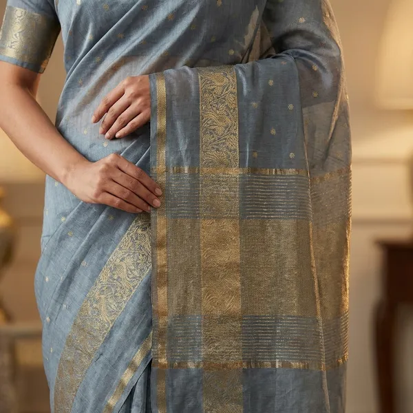 Elegant_Grey_Silk_Saree_with_Golden_Zari_Border_and_Butta_Work