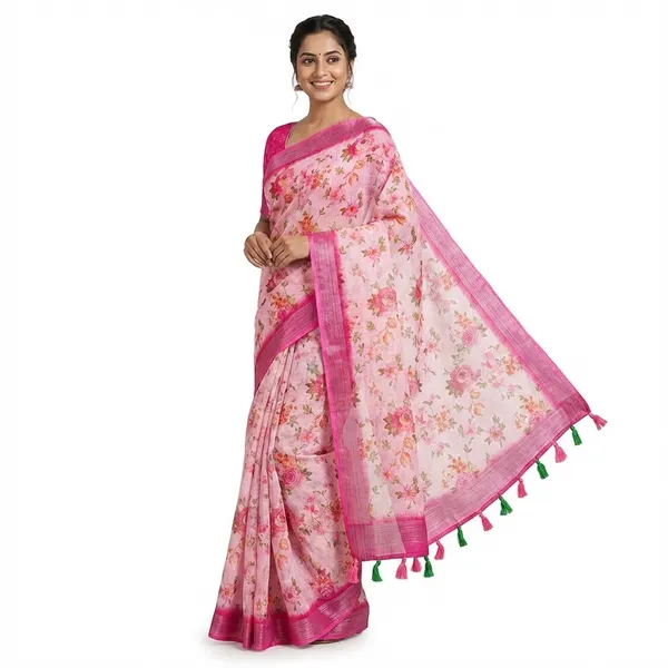 Floral_Print_Cotton_Saree_with_Contrast_Border_and_Blouse
