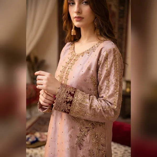 Elegant_Embroidered_Pakistani_Suit_Set_-_Peach_and_Maroon