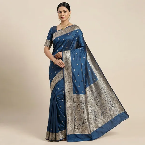 Traditional_Blue_Silk_Saree_with_Intricate_Silver_Zari_Border_and_Matching_Blouse_Piece