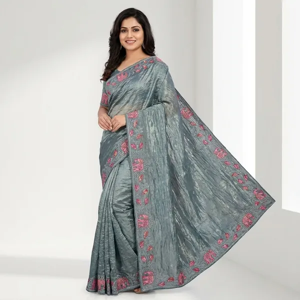 Grey_Embroidered_Elephant_Motif_Silk_Saree_with_Blouse_Piece
