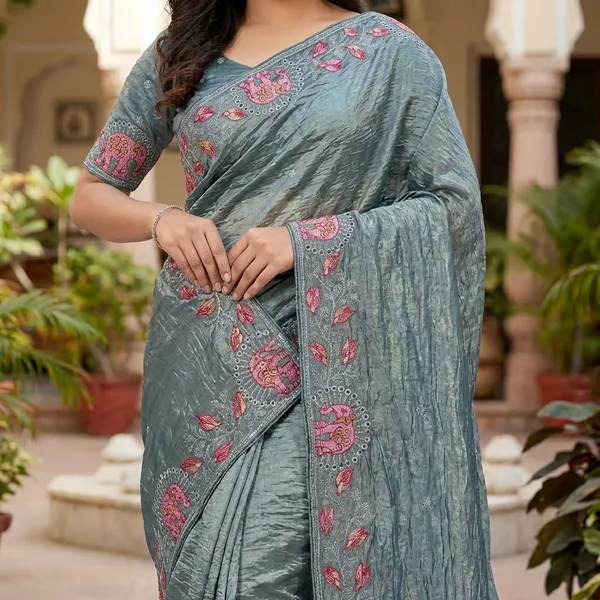 Grey_Embroidered_Elephant_Motif_Silk_Saree_with_Blouse_Piece