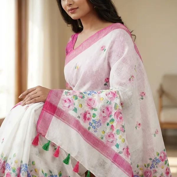 White_and_Pink_Floral_Printed_Linen_Saree_with_Magenta_Border_and_Tassels