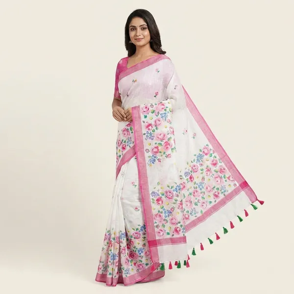 White_and_Pink_Floral_Printed_Linen_Saree_with_Magenta_Border_and_Tassels