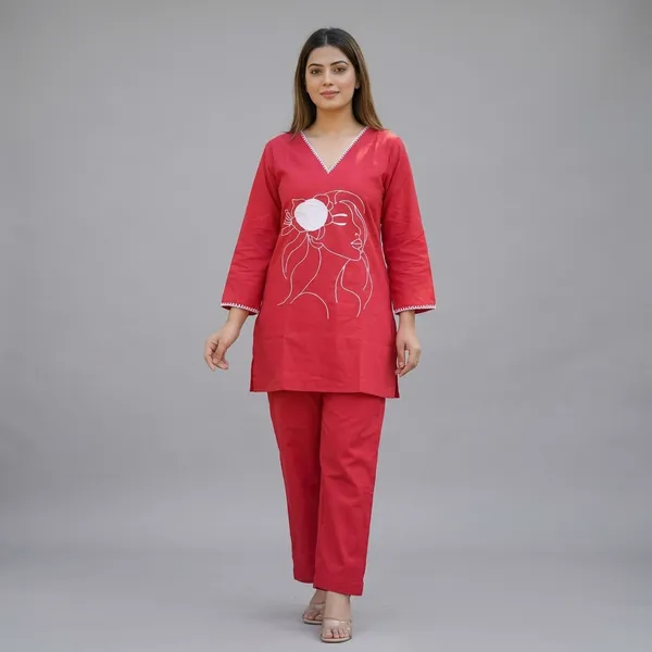 Women's_Red_Cotton_Kurta_Pajama_Set_with_Abstract_Face_Design