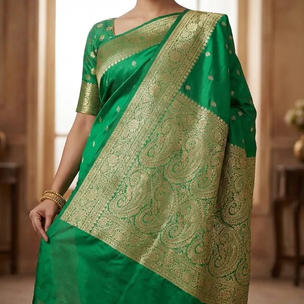 Green_Banarasi_Silk_Saree_with_Golden_Zari_Border_and_Blouse_Piece