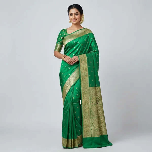 Green_Banarasi_Silk_Saree_with_Golden_Zari_Border_and_Blouse_Piece