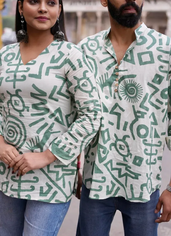 White_And_Green_Cotton_Desi_Romance_Couple_Kurta(Combo_Pack)