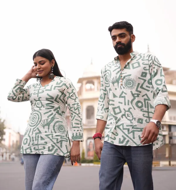 White_And_Green_Cotton_Desi_Romance_Couple_Kurta(Combo_Pack)