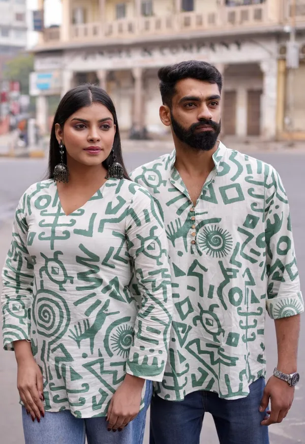 White_And_Green_Cotton_Desi_Romance_Couple_Kurta(Combo_Pack)