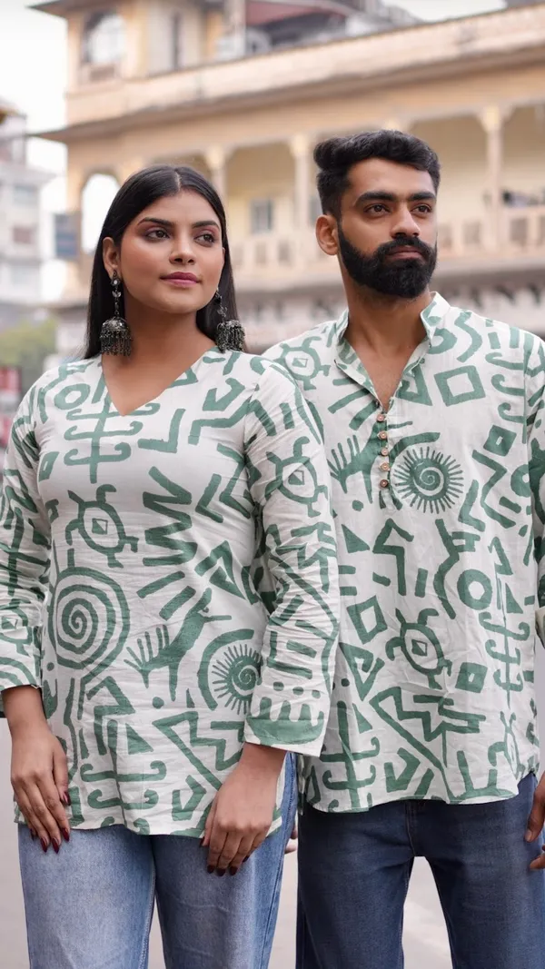 White_And_Green_Cotton_Desi_Romance_Couple_Kurta(Combo_Pack)